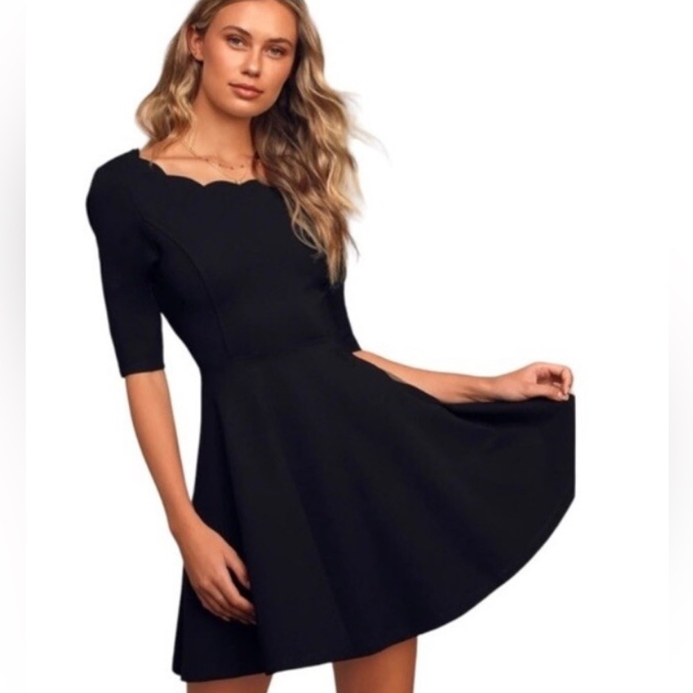 Lulu's Cumulonimbus Clouds Skater Dress Size M Scalloped Black Hidden Back Zip